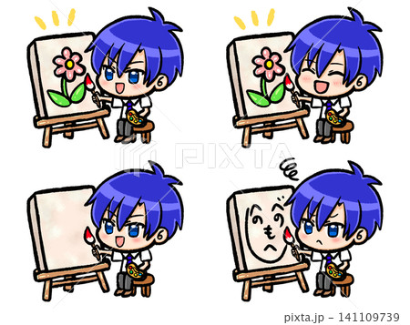 キャンバスに絵を描く男の子のちびキャライラスト素材セット キャンバスに絵を描く男の子のちびキャライラスト素材セット 141109739