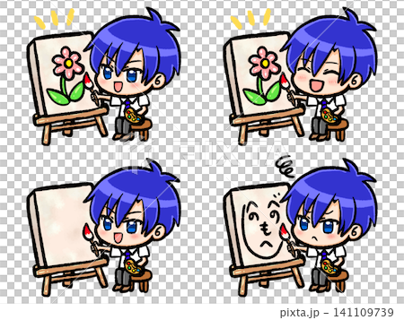 キャンバスに絵を描く男の子のちびキャライラスト素材セット キャンバスに絵を描く男の子のちびキャライラスト素材セット 141109739