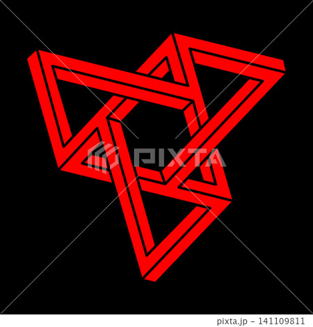 Optical illusion logo. Impossible shapes. Sacred geometry figure. Abstract eternal geometric objects. Impossible endless outline shapes. Optical art. Impossible geometry shape on a black background. 141109811