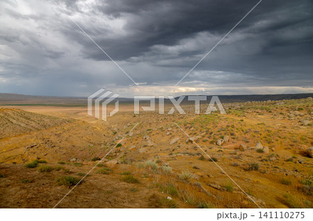 Dramatic desert landscape under dark stormy clouds in arid region Dramatic desert landscape under dark stormy clouds in arid region 141110275