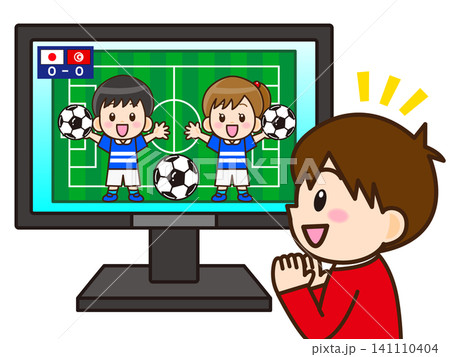 テレビでサッカーの試合を観る少年のイラスト素材 テレビでサッカーの試合を観る少年のイラスト素材 141110404