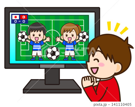 テレビでサッカーの試合を観る少年のイラスト素材2 テレビでサッカーの試合を観る少年のイラスト素材2 141110405