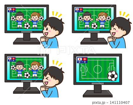 テレビでサッカーの試合を観る少年のイラスト素材セット テレビでサッカーの試合を観る少年のイラスト素材セット 141110407