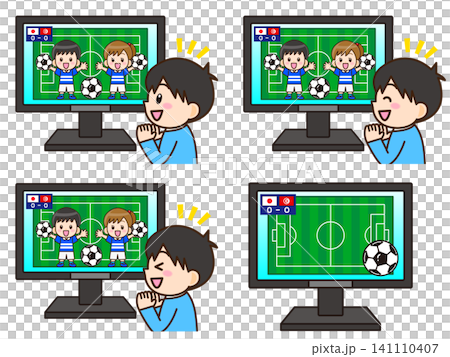 A set of illustrations of a boy watching a soccer match on TV. 141110407