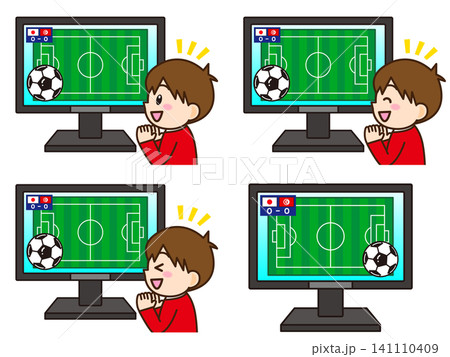 テレビでサッカーの試合を観る少年のイラスト素材セット3 テレビでサッカーの試合を観る少年のイラスト素材セット3 141110409