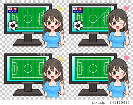 A set of illustrations of a woman commentating on a soccer match. 141110415
