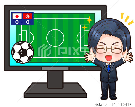 サッカーの試合を解説する男性のイラスト素材2 サッカーの試合を解説する男性のイラスト素材2 141110417