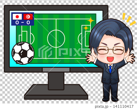 サッカーの試合を解説する男性のイラスト素材2 サッカーの試合を解説する男性のイラスト素材2 141110417