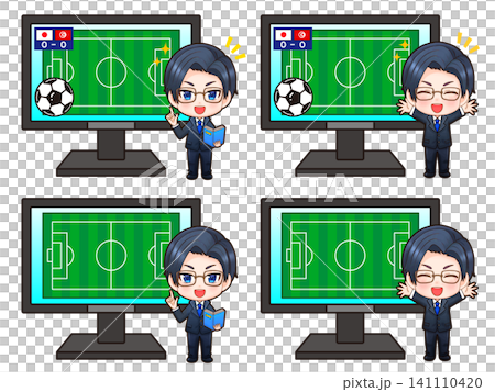 A set of illustrations of a man commentating on a soccer match. A set of illustrations of a man commentating on a soccer match. 141110420