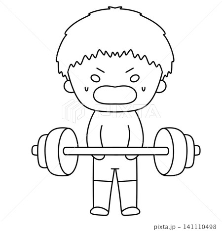Cartoon child grips heavy barbell with determination Cartoon child grips heavy barbell with determination 141110498