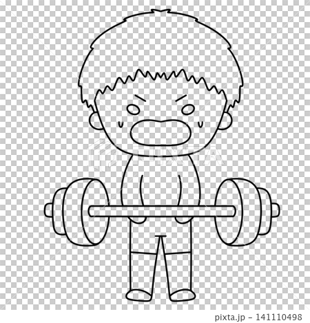Cartoon child grips heavy barbell with determination Cartoon child grips heavy barbell with determination 141110498