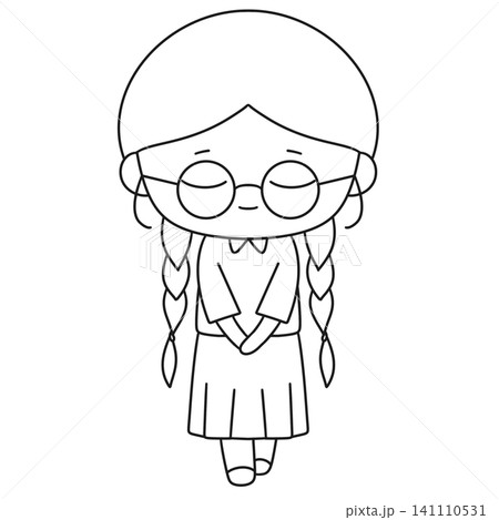 Simple line drawing of a girl with glasses and braids Simple line drawing of a girl with glasses and braids 141110531