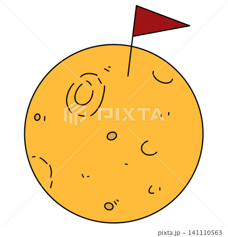 Bright yellow planet with simple craters and a red flag Bright yellow planet with simple craters and a red flag 141110563