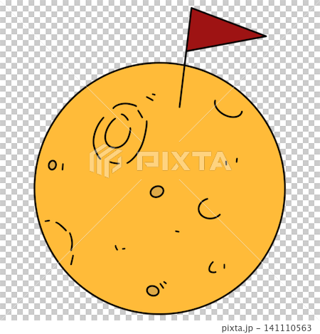Bright yellow planet with simple craters and a red flag Bright yellow planet with simple craters and a red flag 141110563