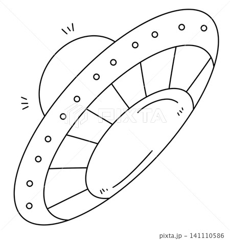 Simple cartoon UFO hovers above planet 141110586