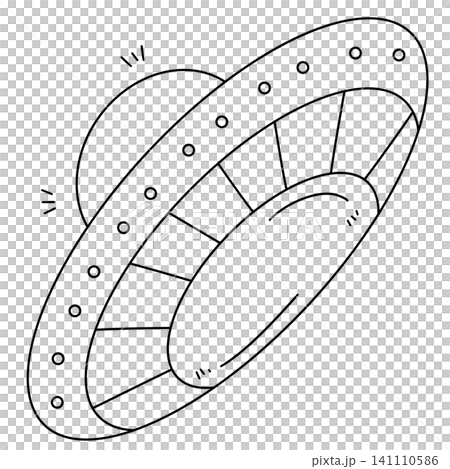 Simple cartoon UFO hovers above planet 141110586