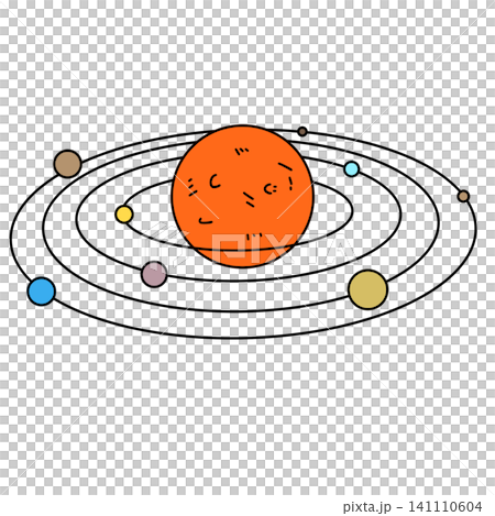 Simplified solar system with colorful planets orbiting a red sun Simplified solar system with colorful planets orbiting a red sun 141110604