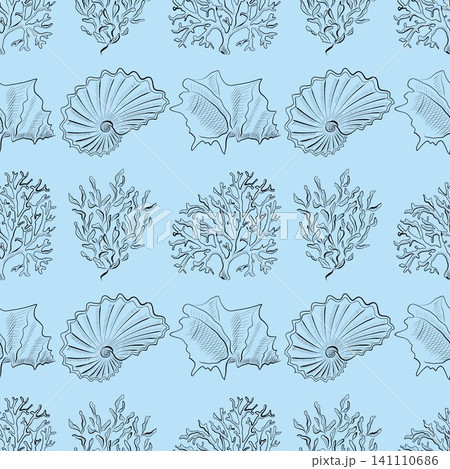 Seamless vector pattern with hand-drawn sea shells and corals on blue background Seamless vector pattern with hand-drawn sea shells and corals on blue background 141110686