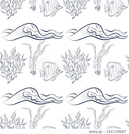 Seamless vector pattern with hand-drawn sea fish, waves and seaweed Seamless vector pattern with hand-drawn sea fish, waves and seaweed 141110687