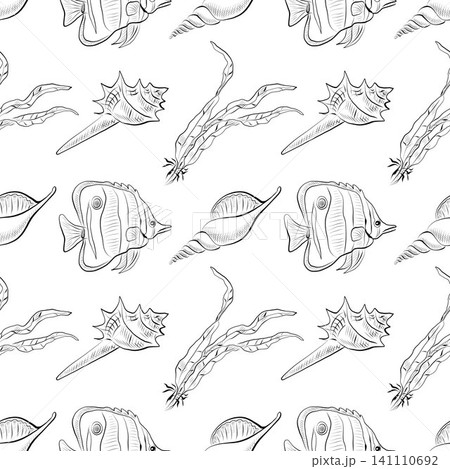 Seamless vector pattern with hand-drawn sea fish, shells and seaweed 141110692