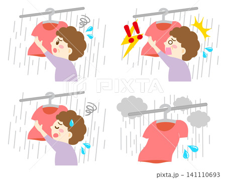 洗濯物を干す主婦のイラスト素材セット5 洗濯物を干す主婦のイラスト素材セット5 141110693