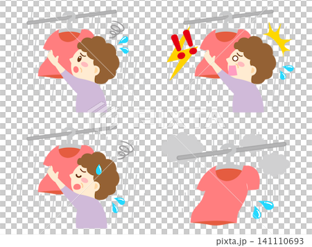 A set of 5 illustrations of a housewife hanging laundry. A set of 5 illustrations of a housewife hanging laundry. 141110693