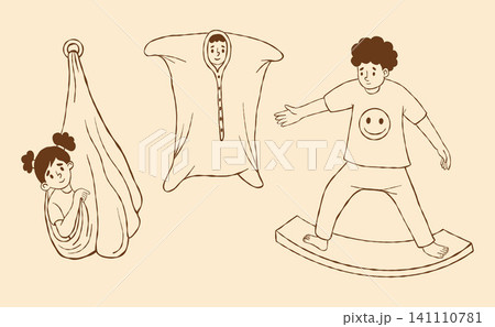 Autism Sensory Integration Therapy Kids Set. Children Special Education Active Play. Line Art. ASD Development Exercise Collection, Swing Hammock Body Sock Rocker. Isolated Vector Illustration. 141110781