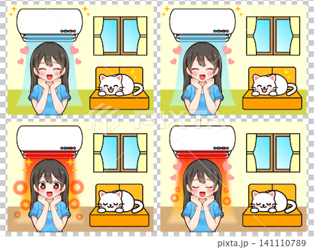 A set of illustrations of a woman in a room cooled by air conditioning. A set of illustrations of a woman in a room cooled by air conditioning. 141110789