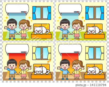冷房で冷えた部屋に喜ぶ子供のイラスト素材セット 141110794