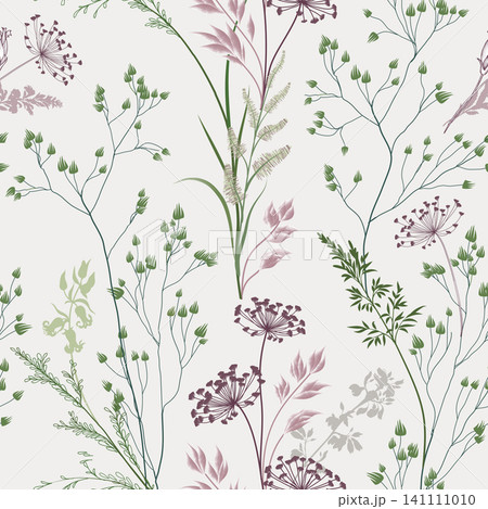 Flourish seamless pattern. Branch, flowers, leaves, grass, flowers gentle meadow texture. Floral nature summer garden textured background Flourish seamless pattern. Branch, flowers, leaves, grass, flowers gentle meadow texture. Floral nature summer garden textured background 141111010