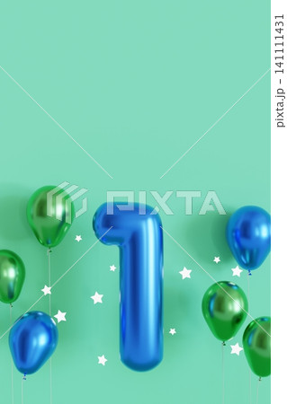 A birthday celebration is taking place with a blue number one displayed prominently. Green balloons surround the number on a plain background. The mood is festive and cheerful. Copy space. A birthday celebration is taking place with a blue number one displayed prominently. Green balloons surround the number on a plain background. The mood is festive and cheerful. Copy space. 141111431