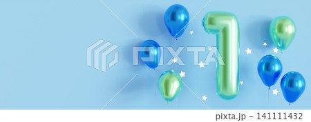 A birthday boy banner is displayed with a large green number one and blue balloons. The scene is set against a light blue background, meant for a first birthday celebration. Copy space. 141111432