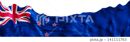 The flag of New Zealand features blue, red, and white colors with stars. This design is presented on a clear background. It appears as a 3D render showing details of the flag 141111763