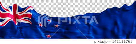The flag of New Zealand features blue, red, and white colors with stars. This design is presented on a clear background. It appears as a 3D render showing details of the flag The flag of New Zealand features blue, red, and white colors with stars. This design is presented on a clear background. It appears as a 3D render showing details of the flag 141111763