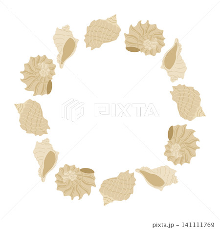 Circular arrangement of various seashells in beige tones on a white background, ideal for decorative or design purposes in marine-themed projects Circular arrangement of various seashells in beige tones on a white background, ideal for decorative or design purposes in marine-themed projects 141111769