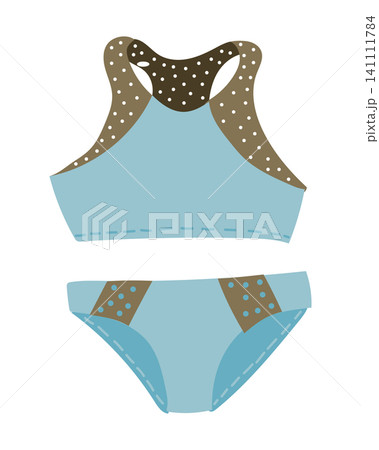 Illustration of a blue bikini with brown polka dots, including a sporty top and matching bottom, suitable for summer fashion and swimwear designs 141111784