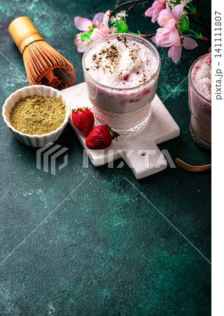 Strawberry matcha latte smoothie cocktail 141111807