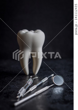 Dental Tooth Model With Stainless Steel Dental Tools and Mirror on Dark Background for Dentistry Dental Tooth Model With Stainless Steel Dental Tools and Mirror on Dark Background for Dentistry 141112435