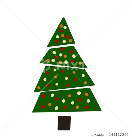 Decorative Christmas tree illustration with layered green triangles and colorful ornaments Decorative Christmas tree illustration with layered green triangles and colorful ornaments 141112892