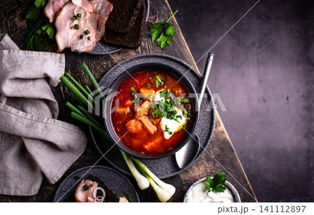 Traditional Ukrainian borsch with sour cream Traditional Ukrainian borsch with sour cream 141112897