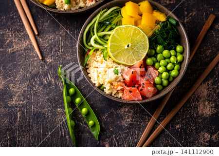 Healthy bowl with salmon and vegetables Healthy bowl with salmon and vegetables 141112900