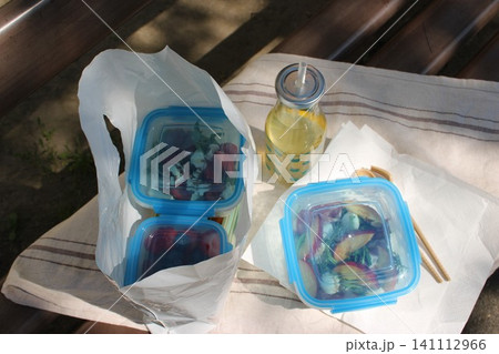 Plastic food containers with colorful fruits and a bottle of beverage placed on a picnic blanket in a natural outdoor setting Plastic food containers with colorful fruits and a bottle of beverage placed on a picnic blanket in a natural outdoor setting 141112966