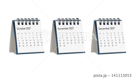 Three standing desk calendars isolated on white, October, November, and December 2027. Three standing desk calendars isolated on white, October, November, and December 2027. 141113053