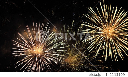 Golden fireworks burst across dark sky with radiant trails, glittering sparks, and smoke clouds, creating vivid festive display for celebration, holiday, and event background Golden fireworks burst across dark sky with radiant trails, glittering sparks, and smoke clouds, creating vivid festive display for celebration, holiday, and event background 141113109