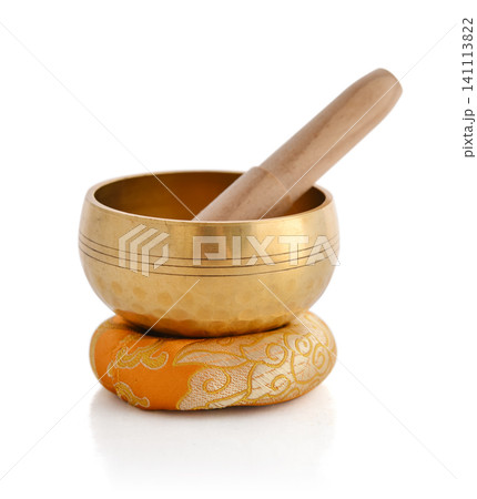 Tibetan singing bowl with wooden striker and cushion Tibetan singing bowl with wooden striker and cushion 141113822