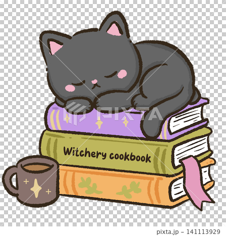 Cute Sleeping Black Cat Witchery Cookbook Book Stack Clipart Halloween Book Lover Cozy Coffee Kawaii Autumn Reading Digital Illustration 141113929