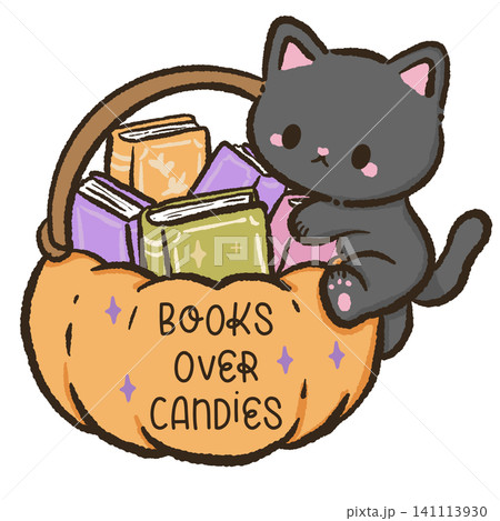Cute Black Cat Sitting Inside A Pumpkin Basket Filled With Spooky Books Books Over Candies Clipart Halloween Book Lover Cozy Reading Illustration 141113930