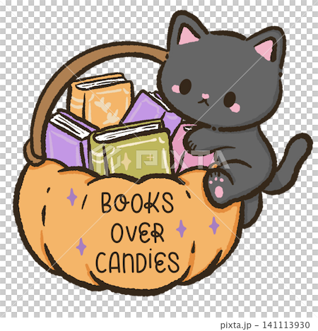 Cute Black Cat Sitting Inside A Pumpkin Basket Filled With Spooky Books Books Over Candies Clipart Halloween Book Lover Cozy Reading Illustration 141113930