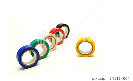 colorful rolls of insulating tape lined up on a white background with one yellow roll standing apart colorful rolls of insulating tape lined up on a white background with one yellow roll standing apart 141114004