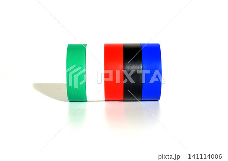 four colorful electrical tape cylinders tightly joined together and laying horizontally on a white background four colorful electrical tape cylinders tightly joined together and laying horizontally on a white background 141114006